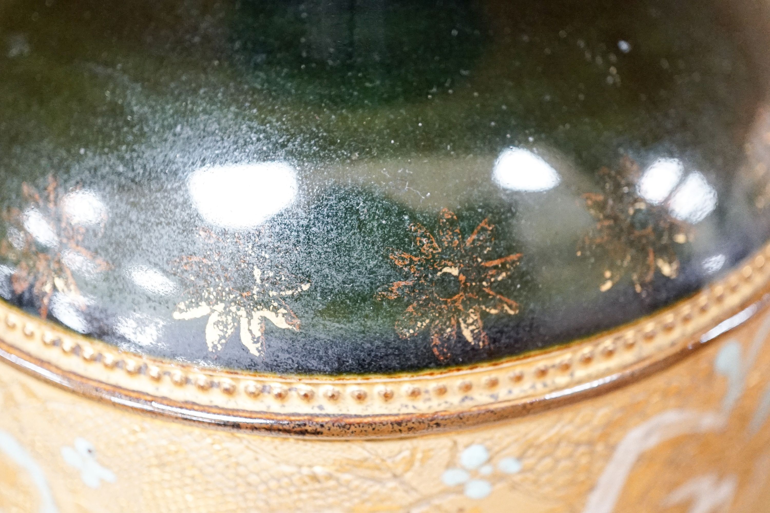 A large Doulton Slater's Patent vase, 46cm and a pair of similar smaller vases, 34cm